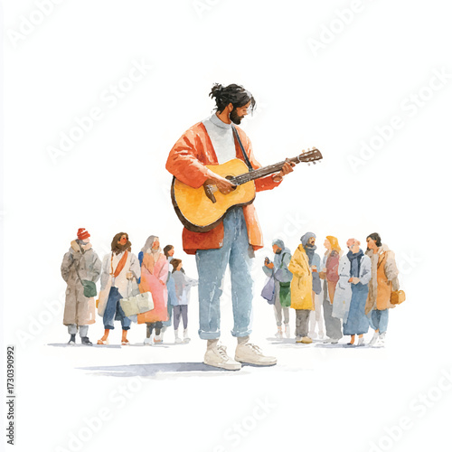 A male musician in an orange jacket plays an acoustic guitar.