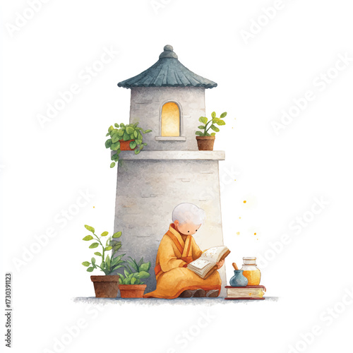 A serene musician plays a stringed instrument by a charming tower.