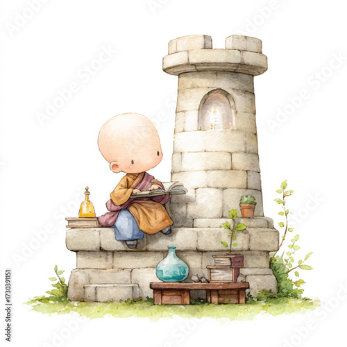 A small, cute character sitting beside a stone tower, engaged in an activity.