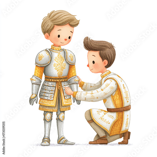 A young boy helps another boy put on his suit of armor.