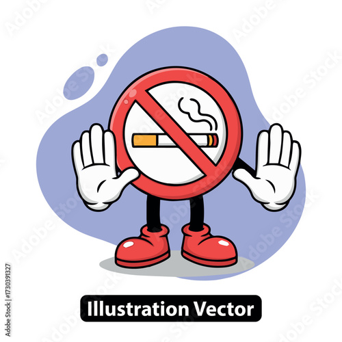 Cartoon no smoking sign character gesturing stop, promoting health and clean air policies