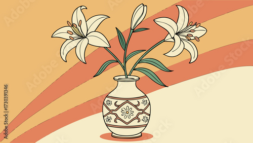 3D Lilies in Porcelain Patterned Vase with Warm Orange Gradient Background for Artistic Decorative Floral Painting