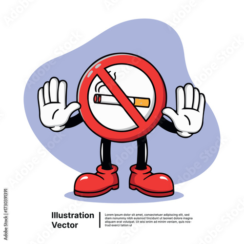 Vibrant cartoon illustration of a 'No Smoking' sign actively gesturing to prohibit harmful habits