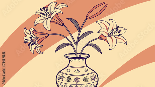 3D Lilies in Porcelain Patterned Vase with Warm Orange Gradient Background for Artistic Decorative Floral 
