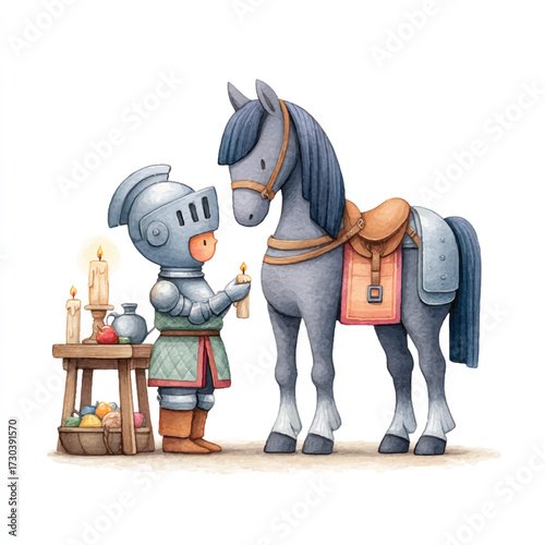 A young knight tending to his horse with care and affection.