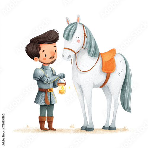 A young knight in armor stands with his loyal white horse.