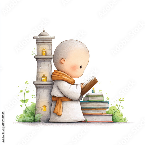 A young monk engrossed in reading amidst a serene setting.