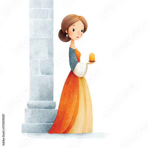 A young woman in a beautiful historical gown standing next to a column.