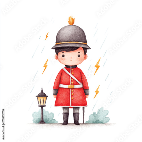 Adorable cartoon British Royal Guard boy character illustration.