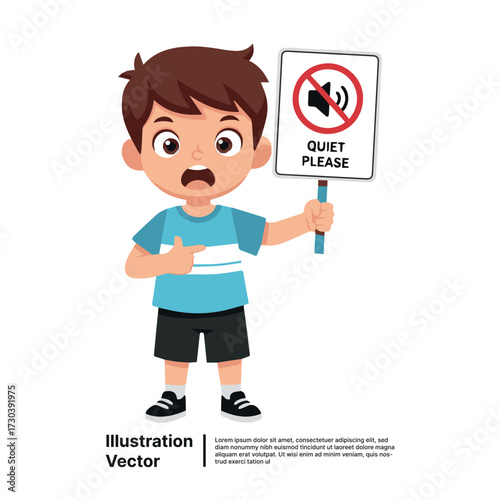 Cute little boy holding a 'Quiet Please' sign, emphasizing the need for silence and calm