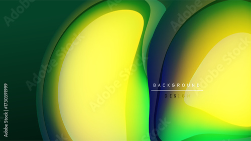 Abstract fluid shapes, vibrant green, yellow hues. Modern design, dark background creates striking visual contrast. Smooth gradients present dynamic composition.