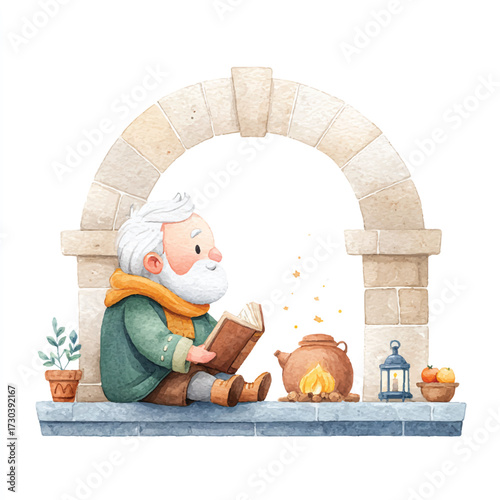 An old man with a long white beard reading a book peacefully.