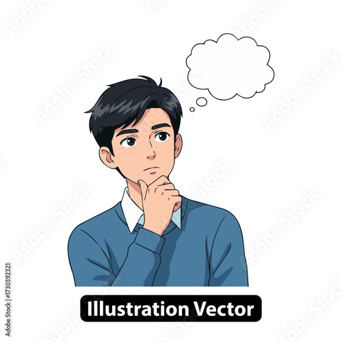 Thoughtful Young Man in Anime Style Pondering an Idea with Blank Speech Bubble