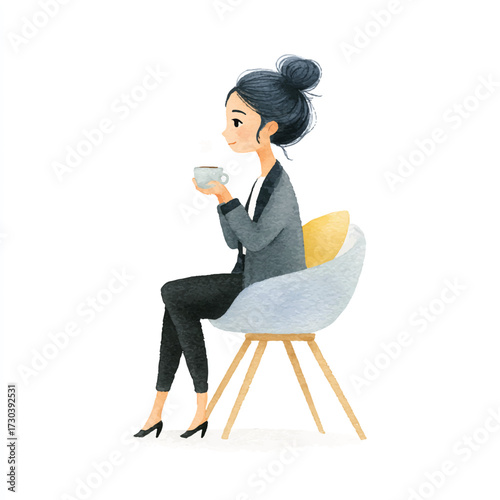 Businesswoman relaxing with coffee, focused on work.