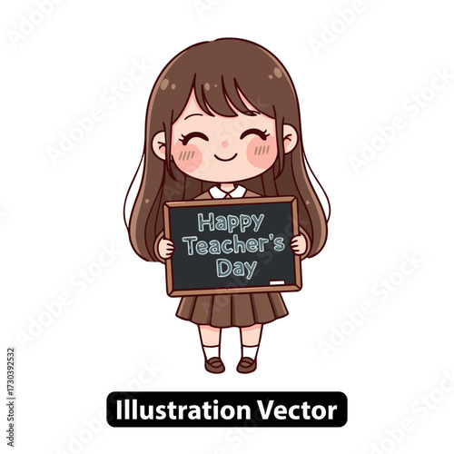 Cute cartoon schoolgirl character holding a blackboard with a Happy Teacher's Day message