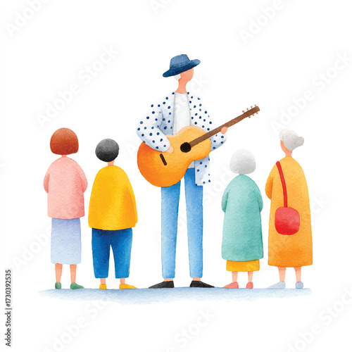 Busker playing guitar for audience.