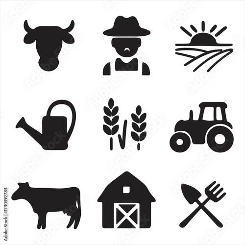 Farm Agriculture Icons Set with Farmer Tractor Cow Barn Tools Vector