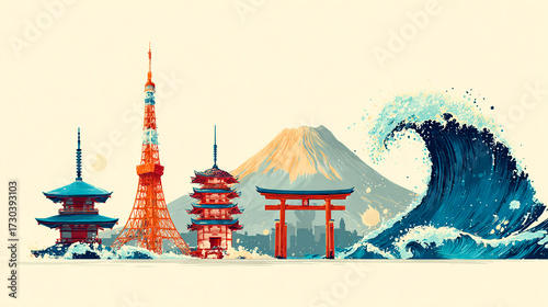 A vector illustration of the most famous landmarks in Japan