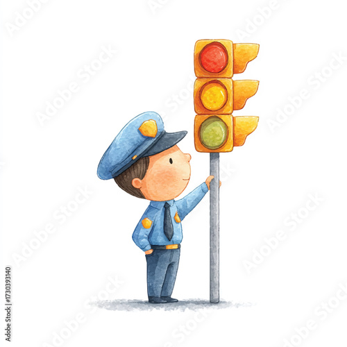 Cartoon Policeman Directing Traffic with a Traffic Light.