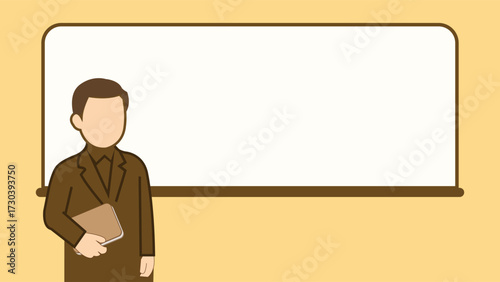 Illustration of faceless male teacher in formal attire holding a book near empty board, perfect for school, classroom, education, training, or learning themed designs