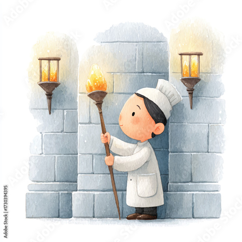 Chef holding a torch in front of a stone structure with lamps.