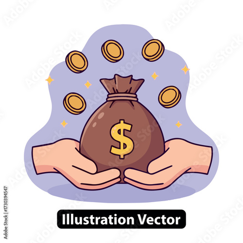 Hands holding a money bag with coins, a vector illustration symbolizing wealth and financial success