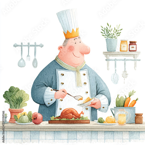 Chef Preparing a Meal with Vegetables and Meat.