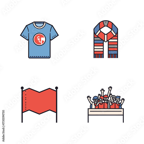 Set of stylized fan accessories and sports team symbols including a t-shirt, scarf, flag, and cheering crowd