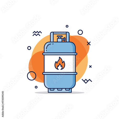 An illustrated icon of a blue gas cylinder with a white label showing a flame symbol and orange abstract shapes in the background.