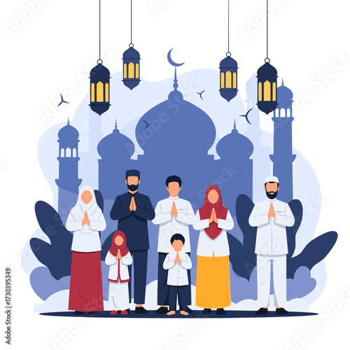 A Muslim family gathered together celebrating a significant religious holiday with a mosque in the background.