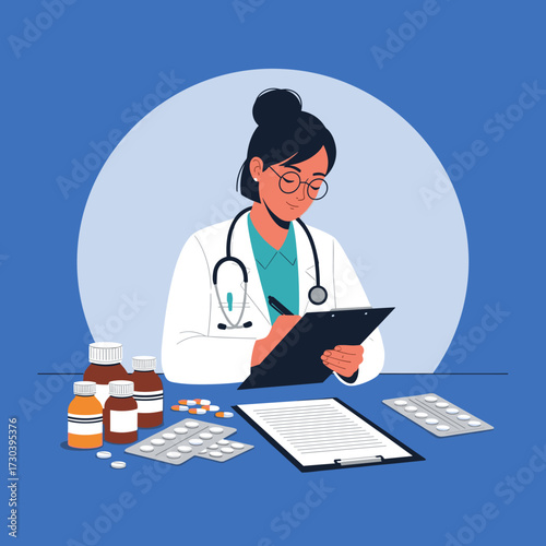 A skilled medical professional carefully examines patient records and prescriptions while surrounded by various medications and medical supplies.