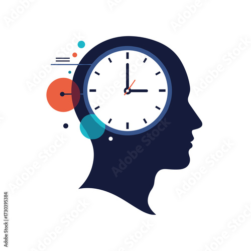 The concept of a clock inside a person's head representing the passage of time and focus.