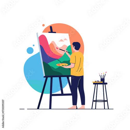 An artist is creating a beautiful landscape painting on a canvas.