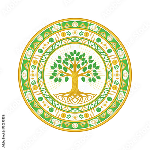 Talisman for Abundance Modern, SEO-friendly flat vector of a mystical amulet featuring geometric patterns and golden coins. Use for luck, growth, and spiritual luxury.