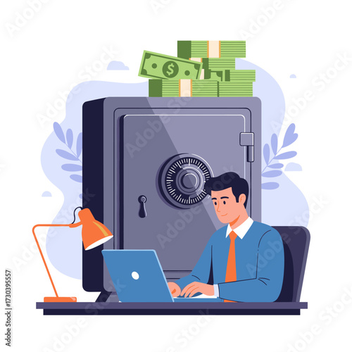 Financial security and wealth management with a personal banker working on a laptop.