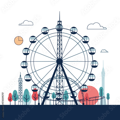 A large Ferris wheel stands tall against the city skyline with trees and clouds in the background.