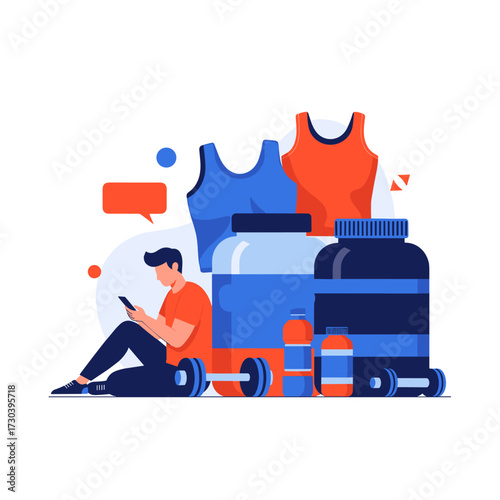 Man using phone near fitness supplements and workout apparel for personal training and healthy lifestyle.