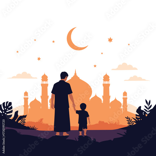 A father and son gaze at the moonlit mosque during Ramadan celebrations.