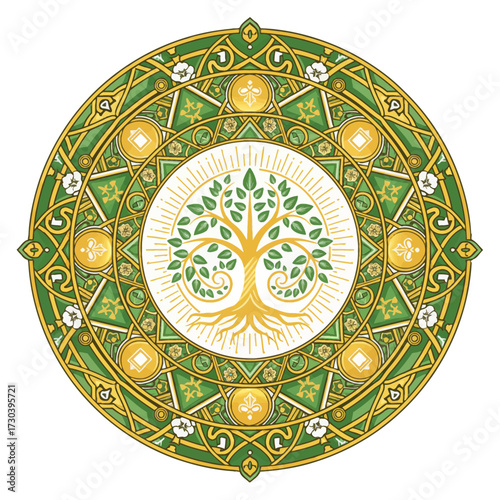 Talisman for Abundance Modern, SEO-friendly flat vector of a mystical amulet featuring geometric patterns and golden coins. Use for luck, growth, and spiritual luxury.