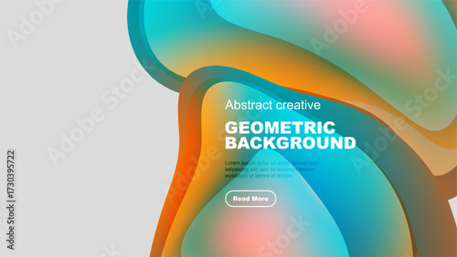 Abstract fluid shapes overlap, creating vibrant geometric background. Text promotes further exploration. Modern design elements present.