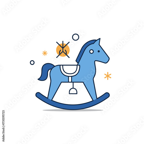 A blue rocking horse toy with simple decorative elements for children's play.