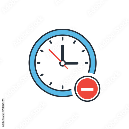 Flat design clock icon with a minus sign indicating time reduction or cancellation.