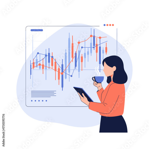 Financial analyst examining market trends and stock performance while holding a coffee cup.