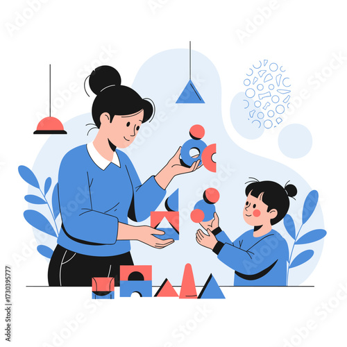 A mother and child building educational toys together in a bright playroom.