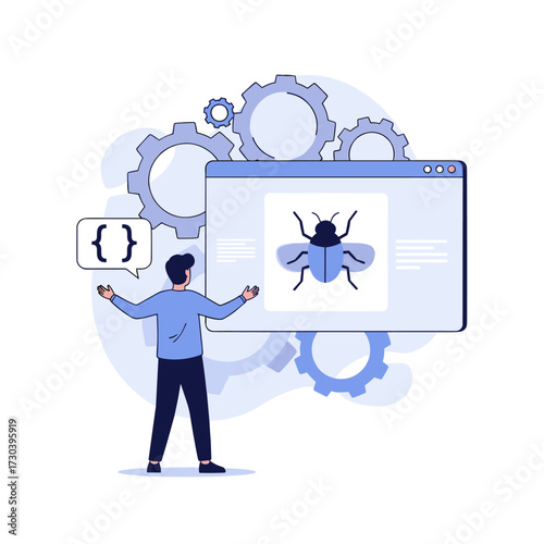 A software developer stands beside a computer screen displaying a bug icon with gears in the background representing coding and development.