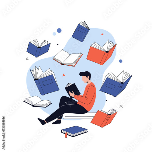 A person reads a book surrounded by many flying books.