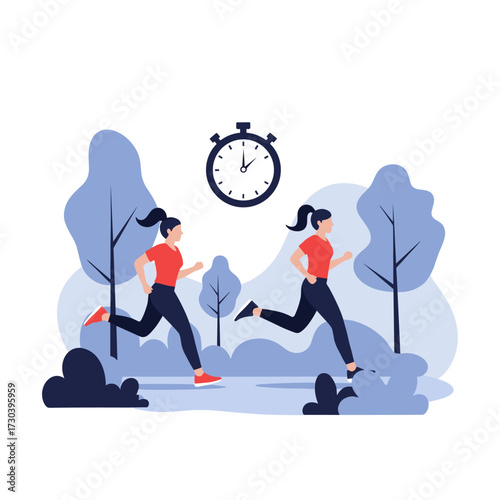 Two women jogging in a park with a stopwatch overhead indicating timed exercise.