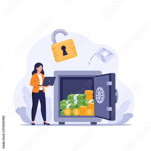 A person monitors a safe filled with money while an unlocked padlock hangs above.