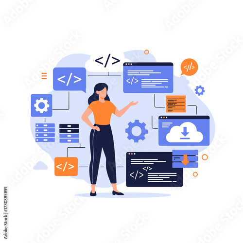 A person interacting with a software development interface and cloud services.