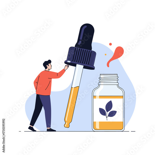 A person is using a dropper to extract a liquid from a bottle with a leaf logo.